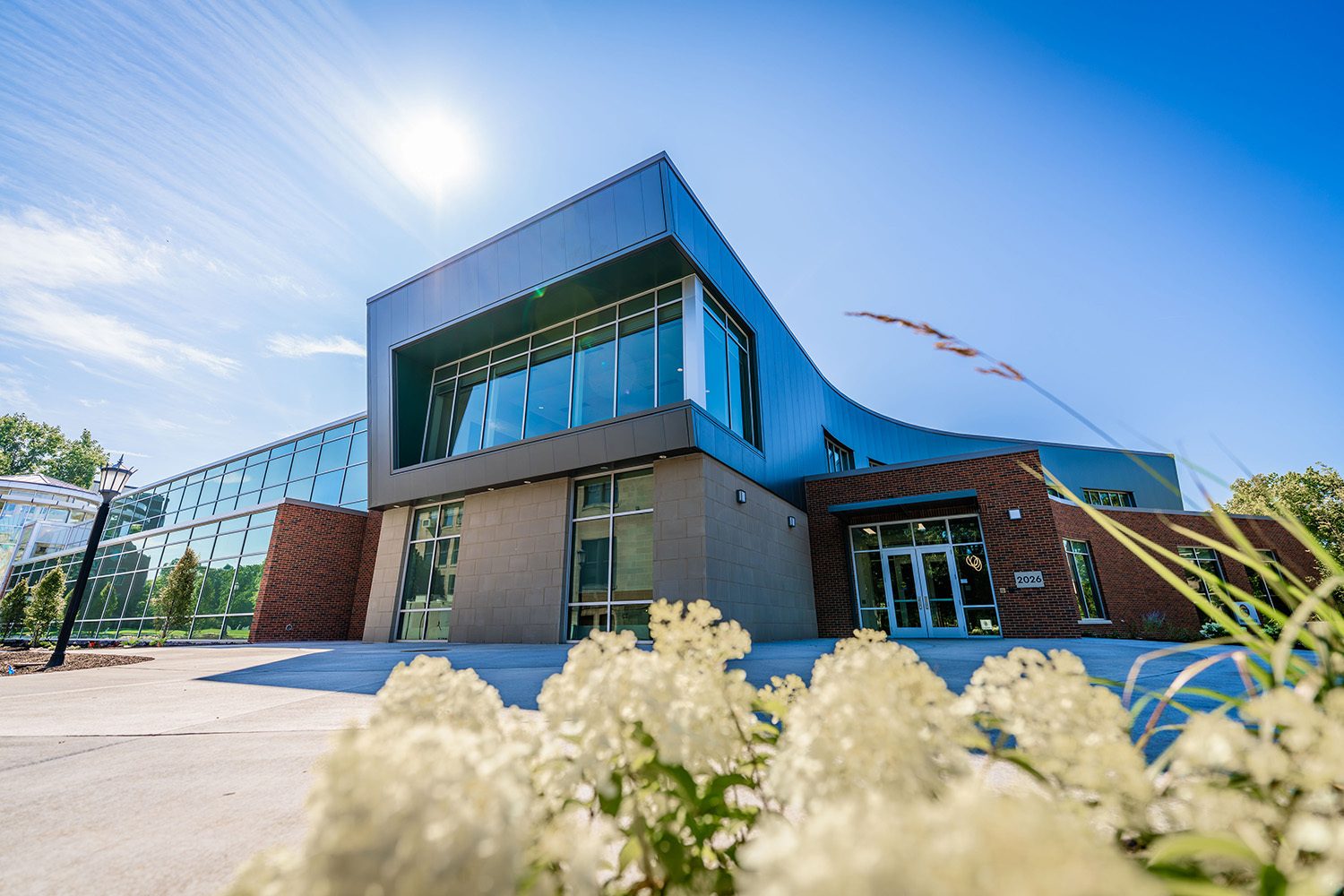 The Petrick Idea Center on a sunny day, framed by white flowers